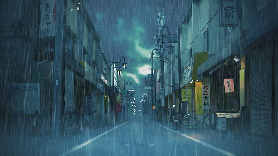 Atmospheric Anime Rainy Street Scene with Japanese Shopfronts and Neon Glow HD wallpaper