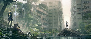 NieR Automata Characters in Overgrown Post-Apocalyptic City Ruins HD wallpaper