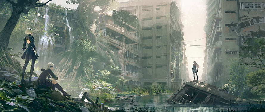 NieR Automata Characters in Overgrown Post-Apocalyptic City Ruins HD wallpaper