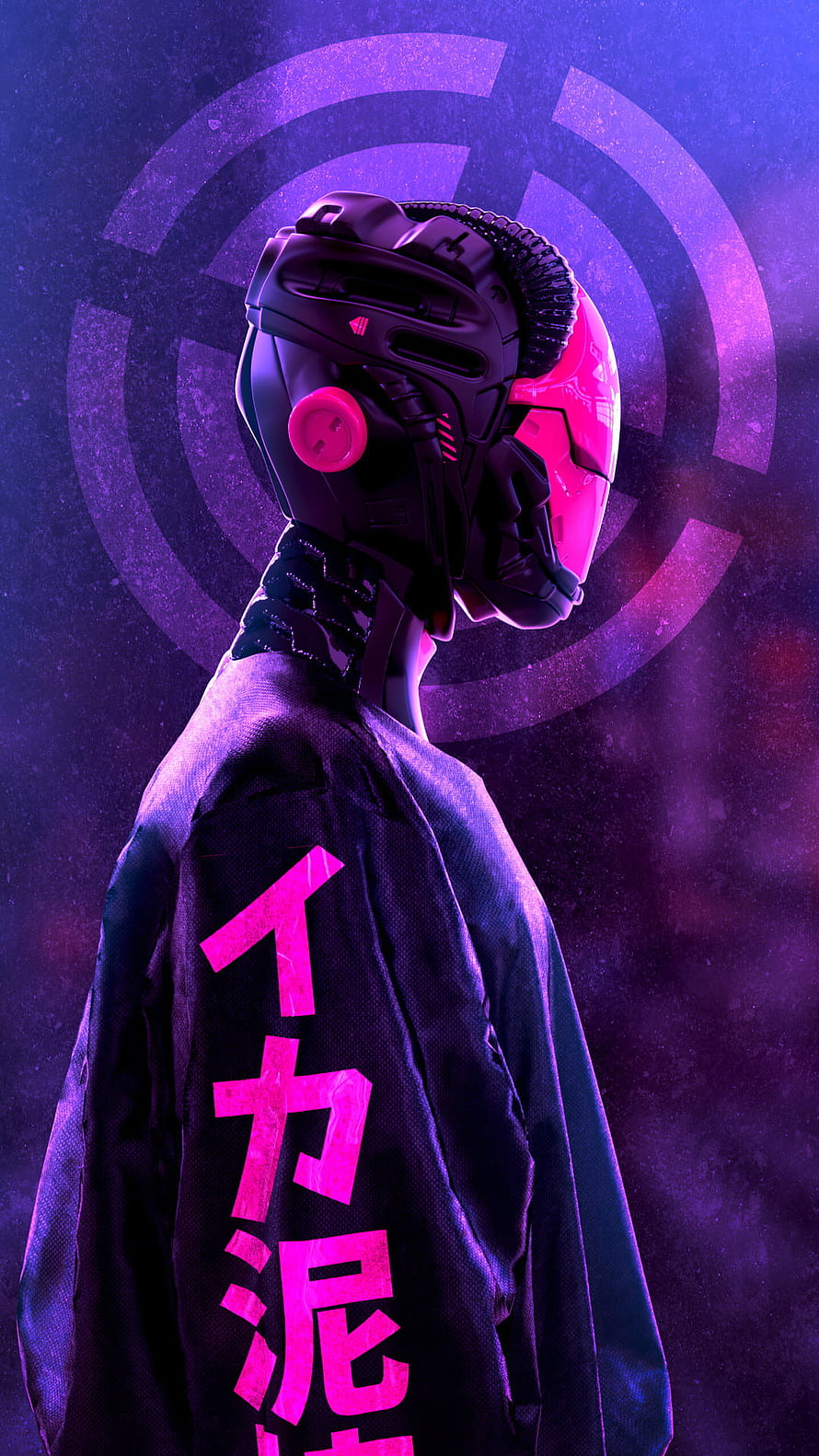 Cyberpunk Robot Character in Purple and Pink Neon Light with Japanese Text on Sleeve HD phone wallpaper
