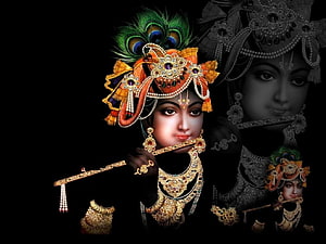 Lord Krishna Playing Flute with Peacock Crown and Ornate Jewelry HD wallpaper