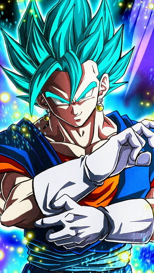 Vegito Blue Anime Character Artwork with Turquoise Hair and Glowing Aura HD phone wallpaper