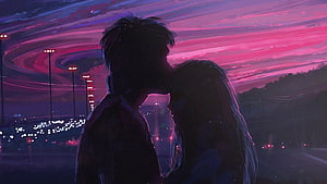 Silhouetted Couple Kissing Against a Neon Pink and Purple City Skyline at Night HD wallpaper