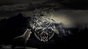 Viking Era Emblem with Fenris Wolf and Nordic Runes Against Dramatic Mountain Landscape HD wallpaper