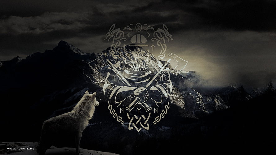 Viking Era Emblem with Fenris Wolf and Nordic Runes Against Dramatic Mountain Landscape HD wallpaper