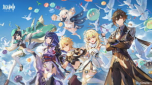 Genshin Impact Character Group Artwork Featuring Aether Lumine and Travelers Under a Blue Sky HD wallpaper