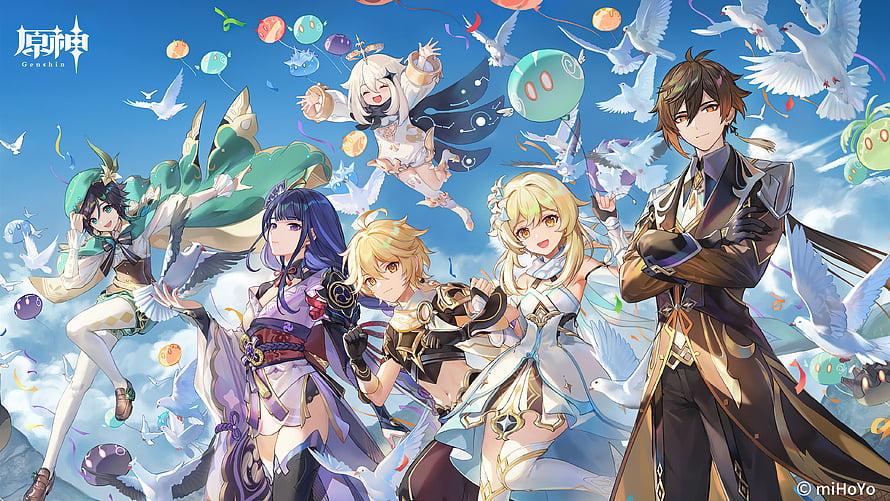 Genshin Impact Character Group Artwork Featuring Aether Lumine and Travelers Under a Blue Sky HD wallpaper
