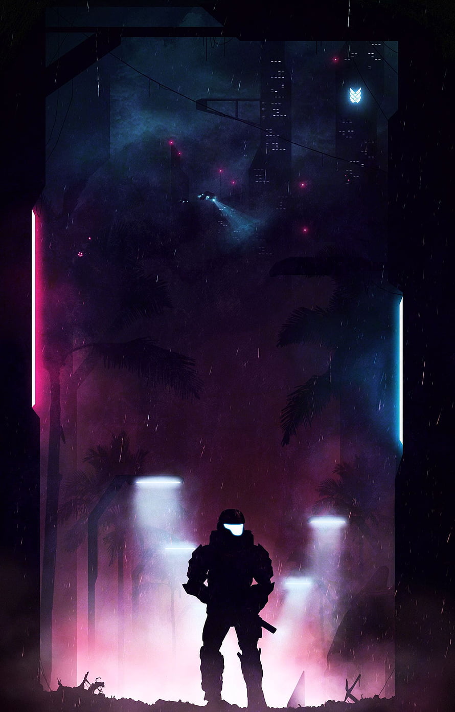 Halo Master Chief Silhouette in Rainy Cyberpunk Cityscape with Neon Lights HD phone wallpaper
