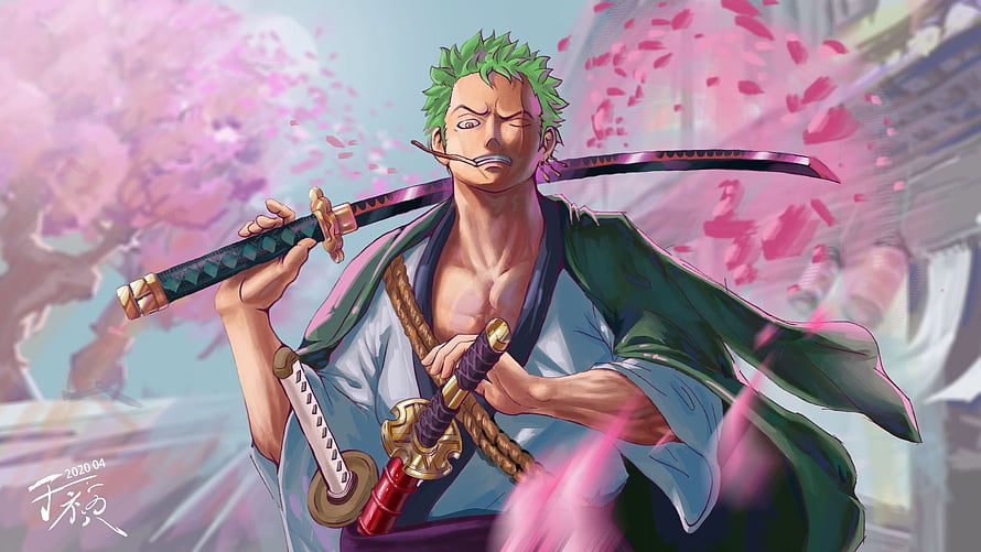 Roronoa Zoro Wano Country Anime Illustration with Cherry Blossoms and Swords HD wallpaper