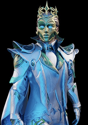 Futuristic Cybernetic Armor Character with Glowing Blue Eyes and Ornate Crown HD phone wallpaper