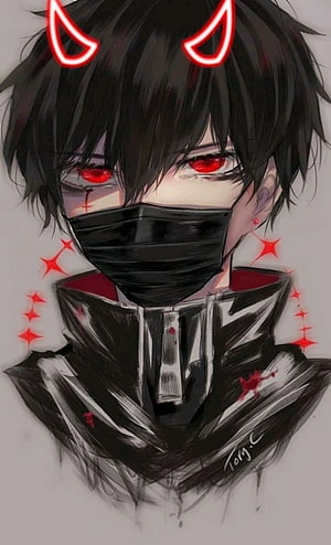 Anime Devil Boy with Red Eyes and Horns Wearing Black Mask and High Collar HD phone wallpaper