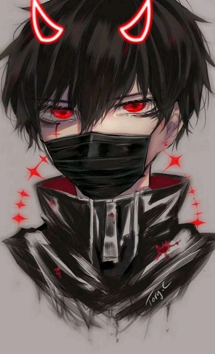 Anime Devil Boy with Red Eyes and Horns Wearing Black Mask and High Collar HD phone wallpaper