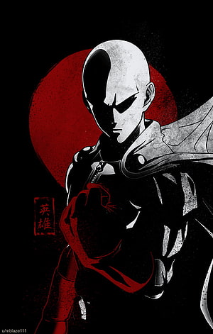 Saitama One Punch Man Minimalist Anime Portrait with Red Moon Background HD phone wallpaper