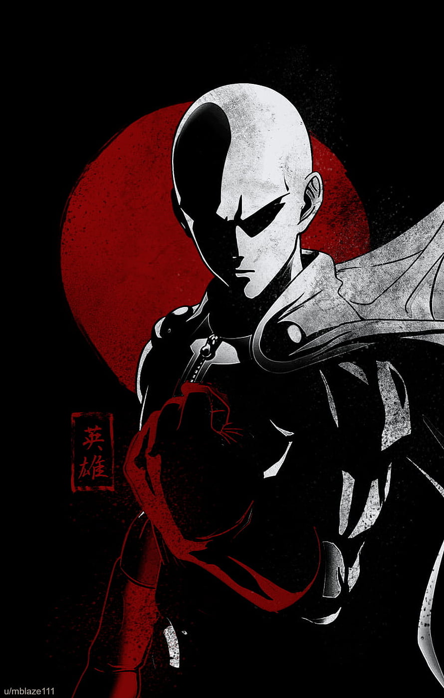 Saitama One Punch Man Minimalist Anime Portrait with Red Moon Background HD phone wallpaper