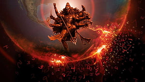 Lord Shiva as Mahadev in a fiery cosmic scene with glowing numbers and a planet backdrop HD wallpaper
