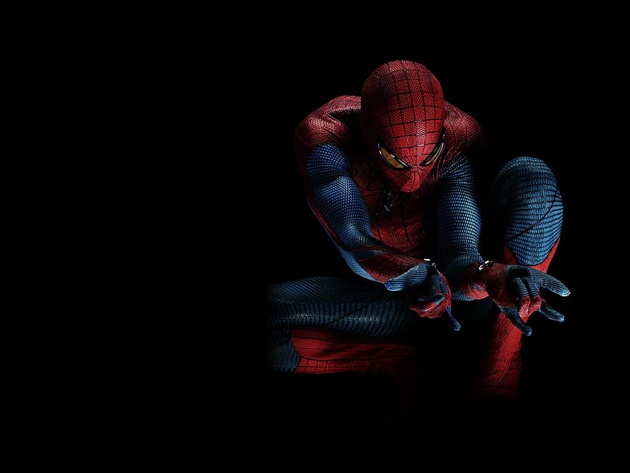 Spider-Man Crouching in Classic Red and Blue Suit Against Black Background HD wallpaper