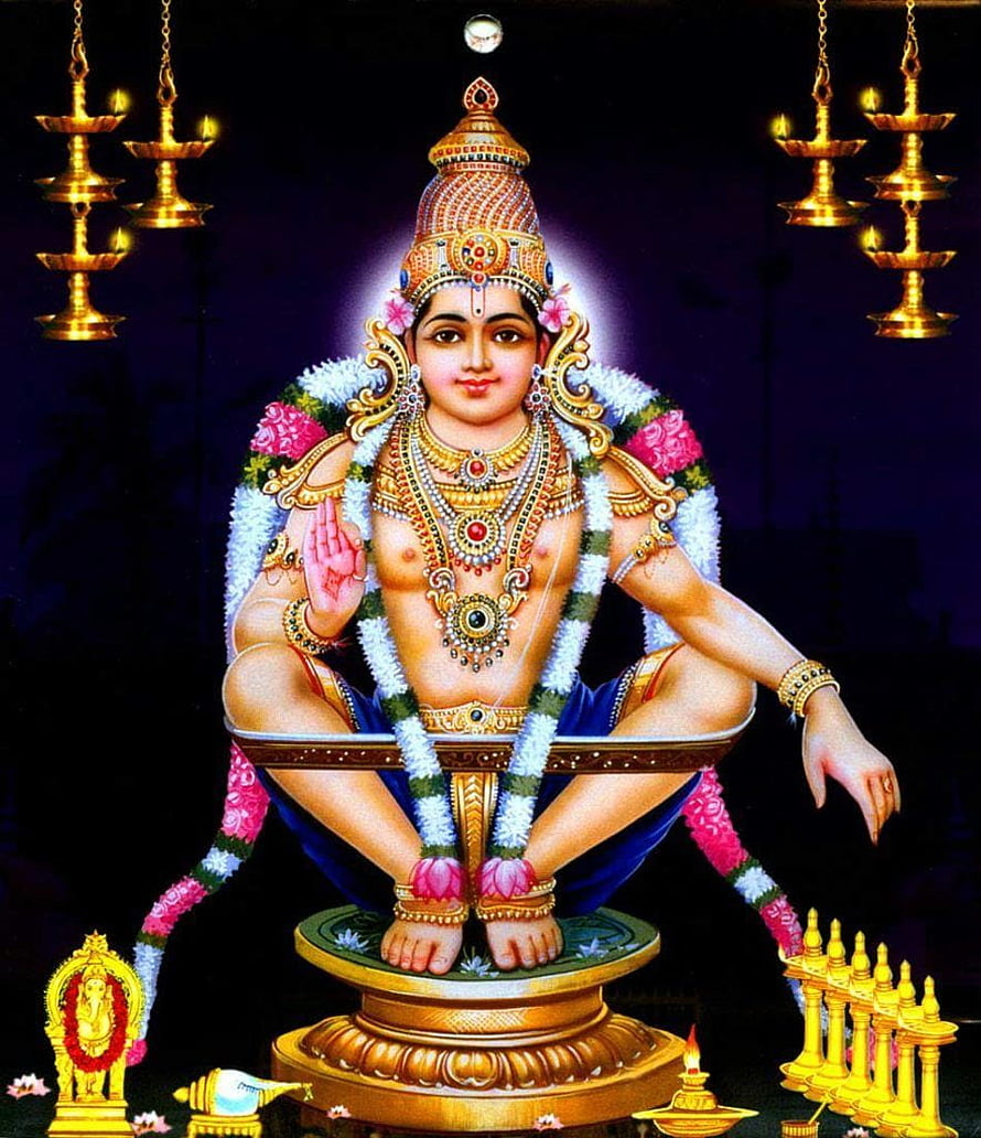 Lord Ayyappa Seated on Golden Pedestal with Oil Lamps and Floral Garland HD phone wallpaper