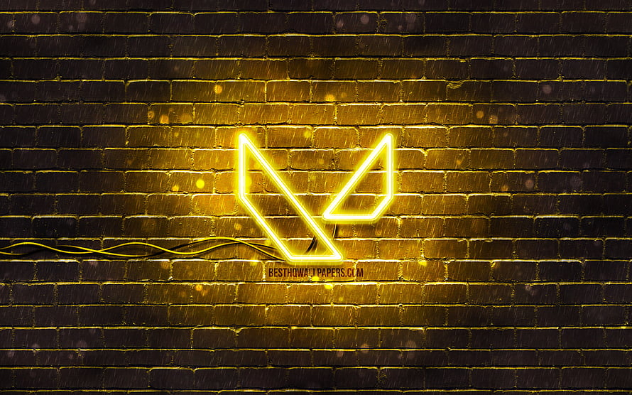 Glowing Yellow Valorant Logo Neon Sign on Dark Brick Wall HD wallpaper