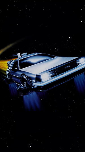 DeLorean Time Machine Flying Through Starry Space in Back to the Future HD phone wallpaper