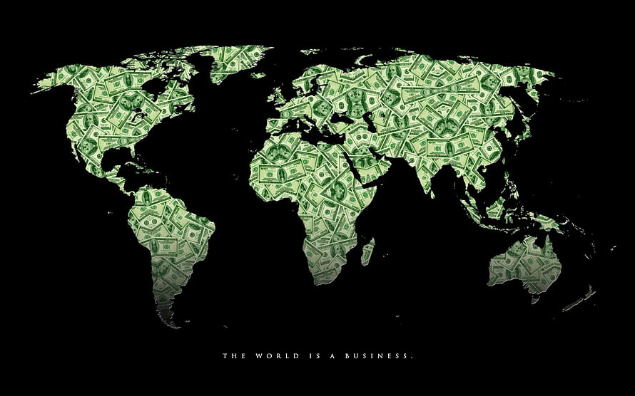 Global Map Filled With US Dollar Bills on Black Background HD wallpaper