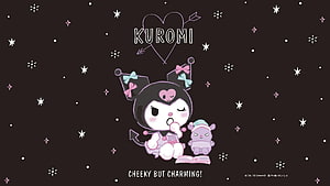 Kuromi and Baku reading a book under a starry night sky with Sanrio branding HD wallpaper