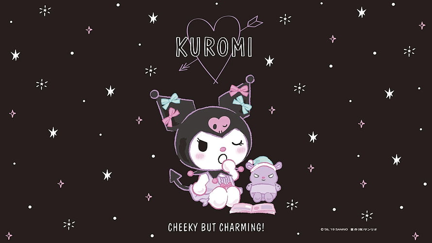 Kuromi and Baku reading a book under a starry night sky with Sanrio branding HD wallpaper