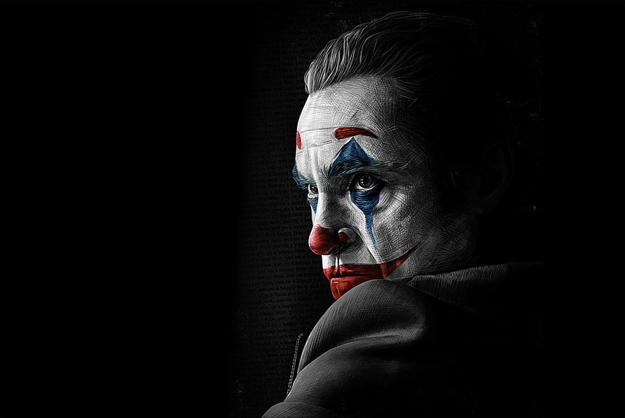 Joaquin Phoenix as The Joker in dramatic clown makeup with dark moody lighting and textured background HD wallpaper