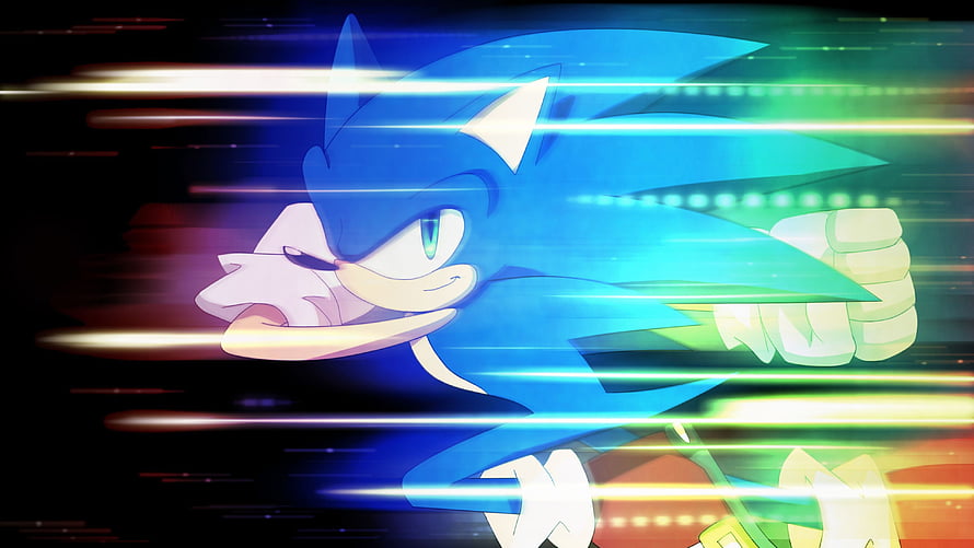 Sonic the Hedgehog Sprinting Through Neon Light Trails in Dynamic Anime Style HD wallpaper