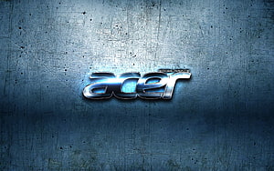 Acer 3D chrome logo on a scratched blue metal surface with a central light flare HD wallpaper