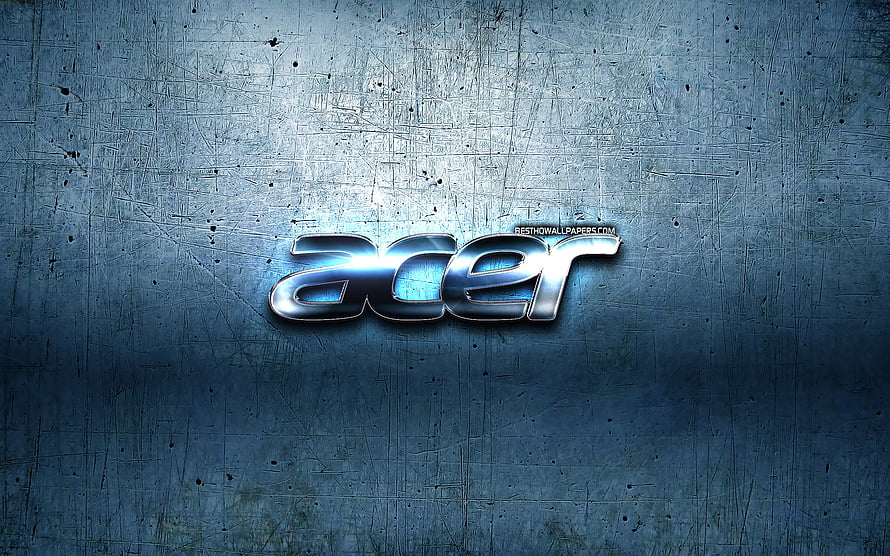Acer 3D chrome logo on a scratched blue metal surface with a central light flare HD wallpaper