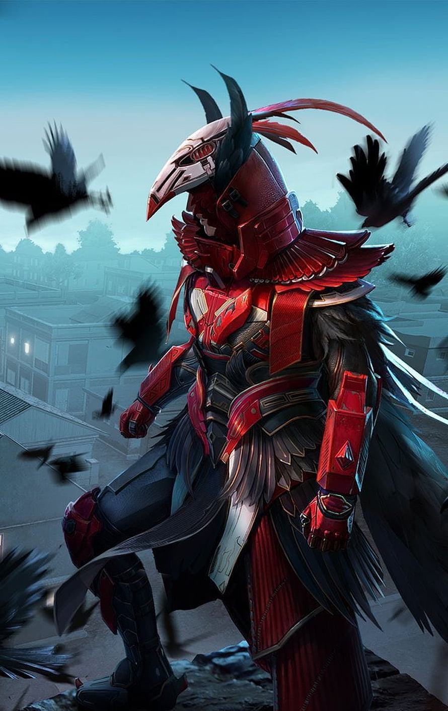 PUBG Mobile Avalanche X Suit Warrior in Red Samurai Armor with Raven Motifs HD phone wallpaper