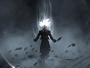 Son Goku Ultra Instinct Silhouette in Dragon Ball Super with White Hair and Dark Aura HD wallpaper
