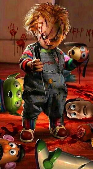 Chucky in a Dark Horror Scene with Scattered Toy Heads and Blood HD phone wallpaper