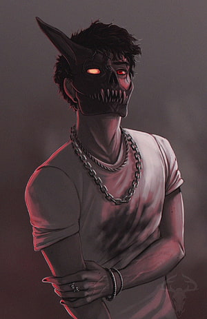 Dark Fantasy Male Character Wearing a Horned Skull Mask with Glowing Red Eyes HD phone wallpaper