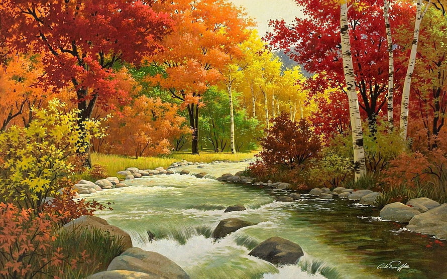 Vibrant Autumn Forest Stream Painting With Colorful Foliage And Rocky Banks HD wallpaper