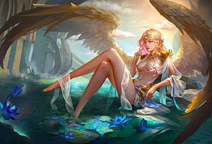 Fantasy Angel Woman with Golden Wings Sitting in a Lotus Pond, Fantasy Angel, digital, fantasy, art, , angel, girl, woman HD wallpaper