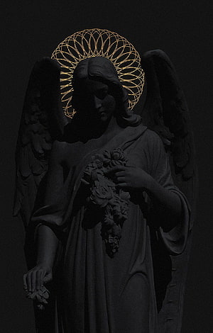 Dark Angel Statue with Golden Geometric Halo and Floral Bouquet HD phone wallpaper