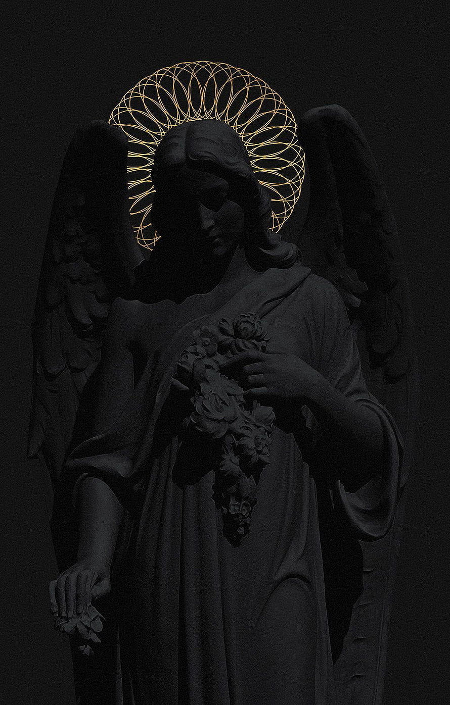 Dark Angel Statue with Golden Geometric Halo and Floral Bouquet HD phone wallpaper