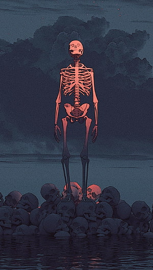 Grim Skeleton Standing on Skull Pile in Dark Water with Stormy Sky HD phone wallpaper