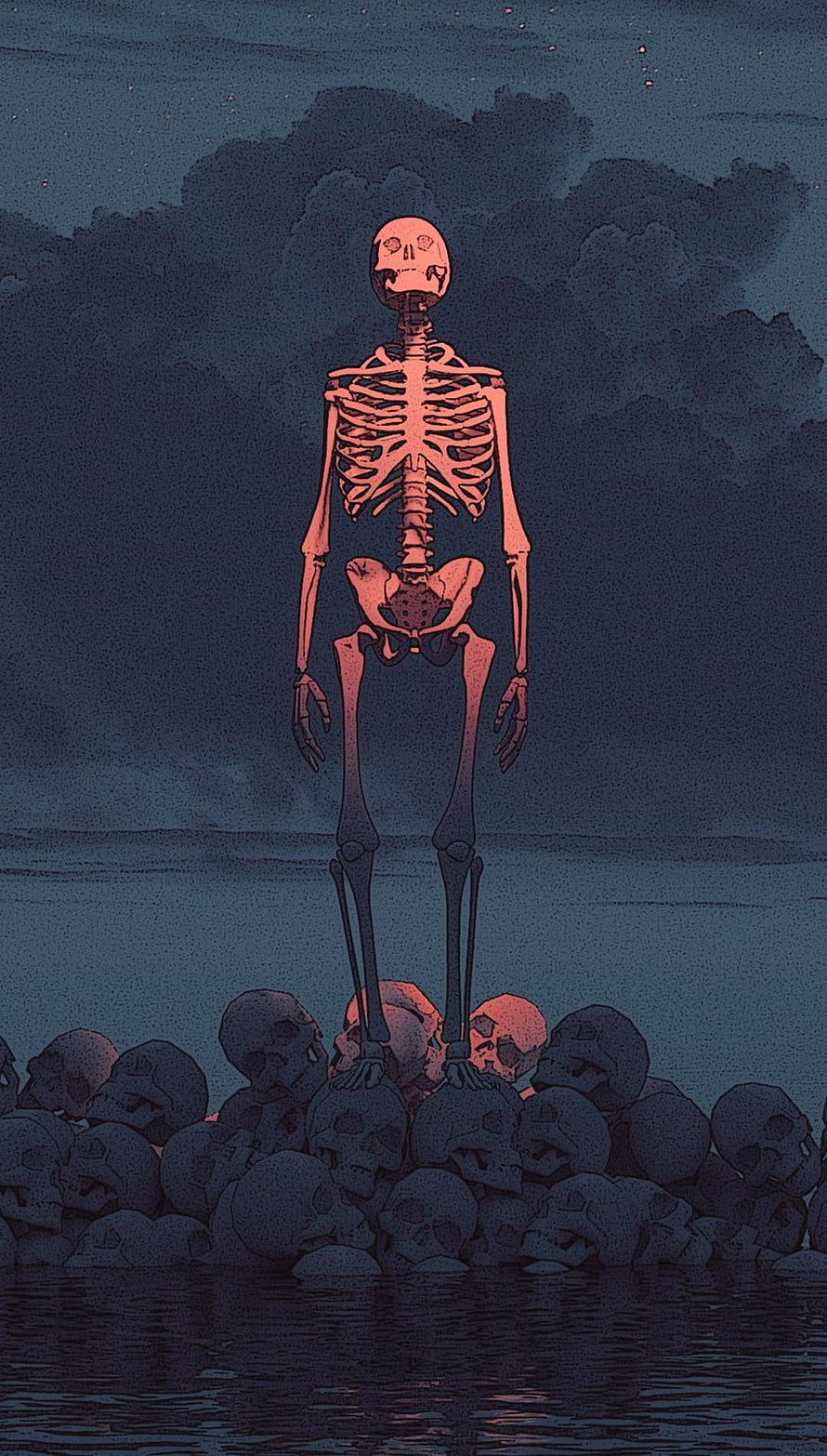 Grim Skeleton Standing on Skull Pile in Dark Water with Stormy Sky HD phone wallpaper
