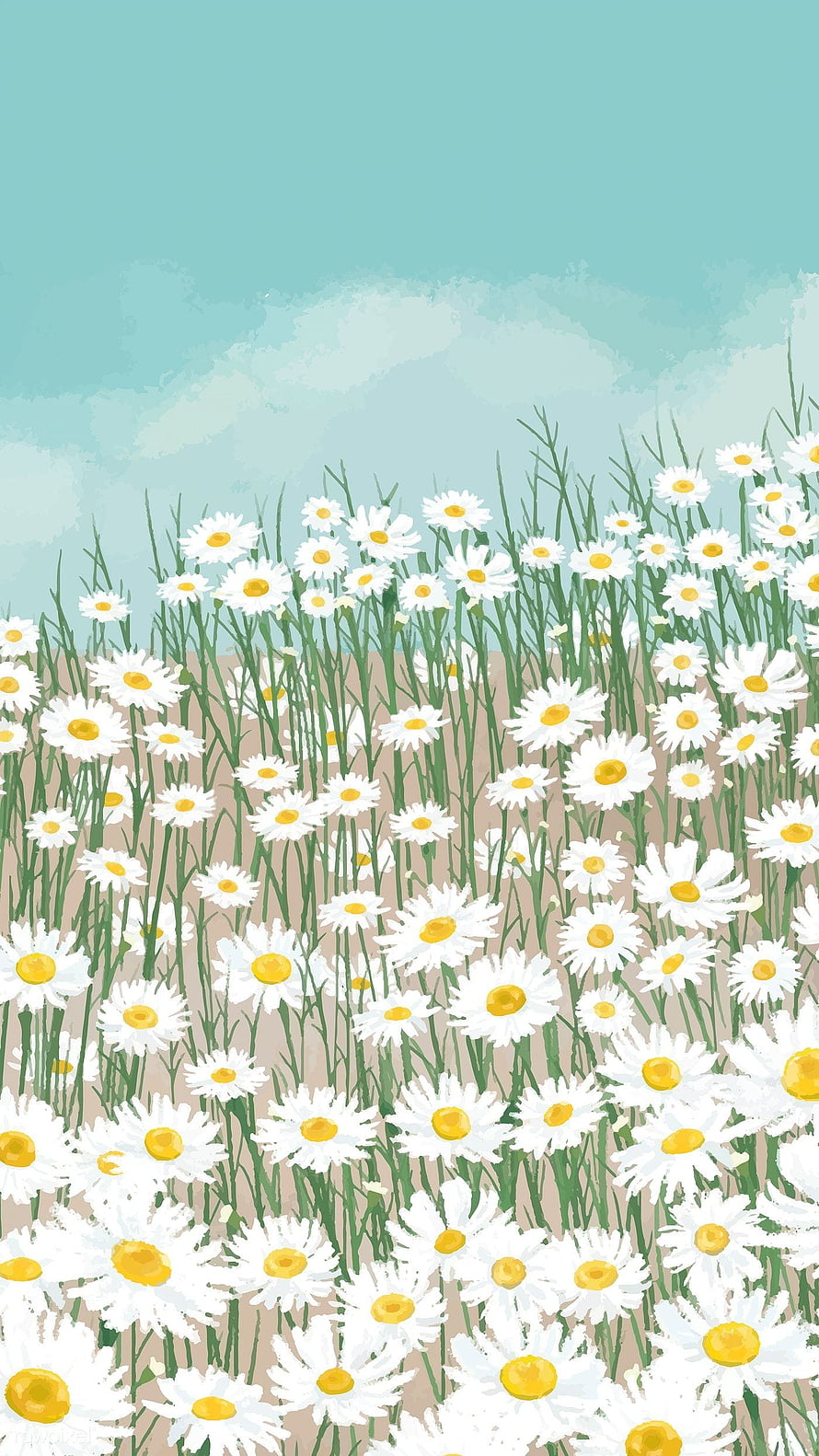 Illustrated Field of White Daisies Under a Soft Blue Sky HD phone wallpaper