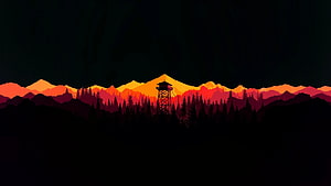 Nier Automata Watchtower Silhouette Against Fiery Mountain Sunset HD wallpaper
