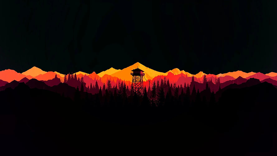 Nier Automata Watchtower Silhouette Against Fiery Mountain Sunset HD wallpaper