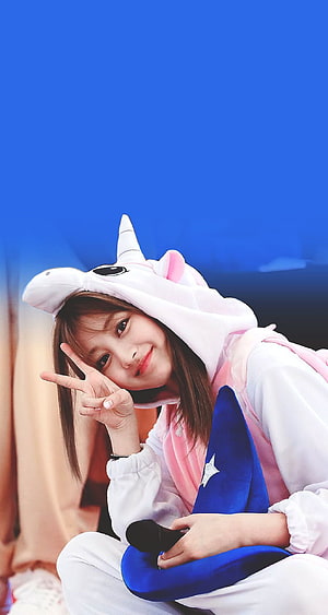 Jihyo from Twice in a Cute Unicorn Hoodie Making a Peace Sign HD phone wallpaper