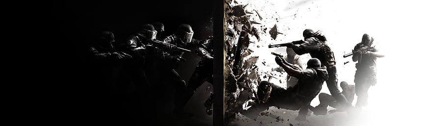 Rainbow Six Siege Tactical Breach Action Scene with Silhouetted Operators and Debris HD wallpaper