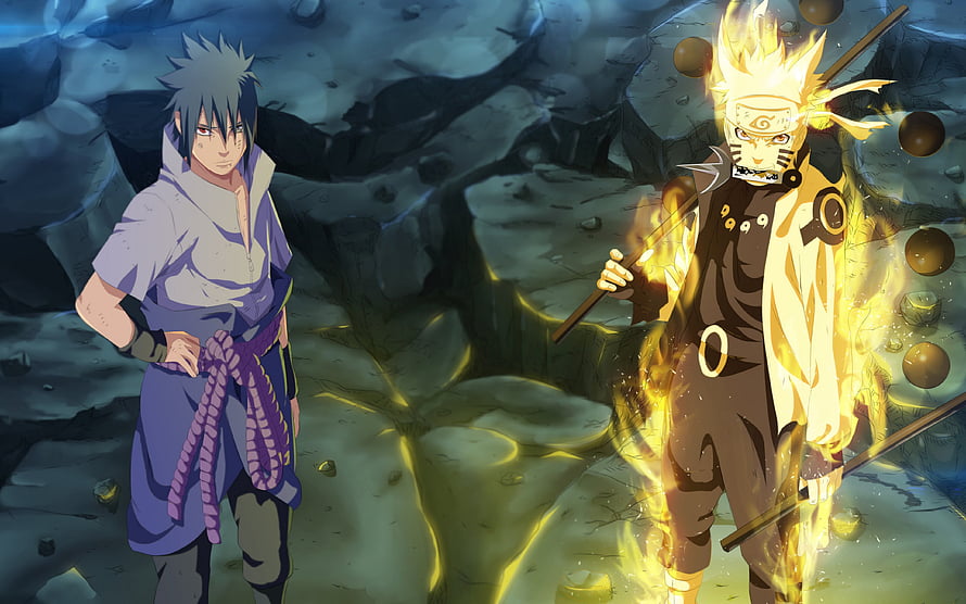 Naruto and Sasuke in Epic Battle Scene with Golden Aura and Rock Terrain HD wallpaper