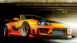 Orange Toyota Supra MK4 Widebody Stance in Underground Parking HD wallpaper