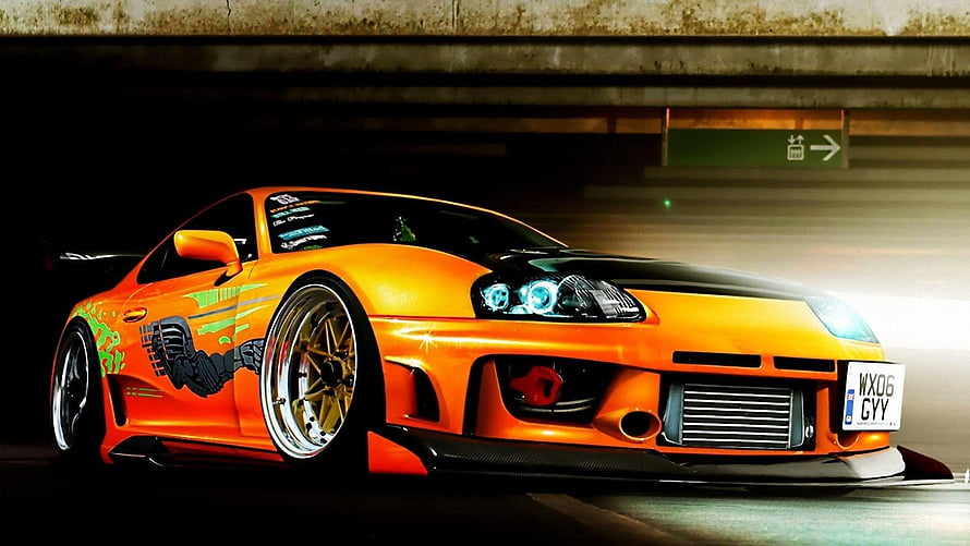 Orange Toyota Supra MK4 Widebody Stance in Underground Parking HD wallpaper