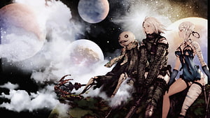 NieR Replicant Characters Seated on a Floating Island Amidst Cosmic Planets and Clouds HD wallpaper