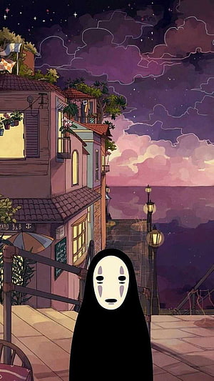 No-Face from Spirited Away in a Dreamy Coastal Town at Night HD phone wallpaper